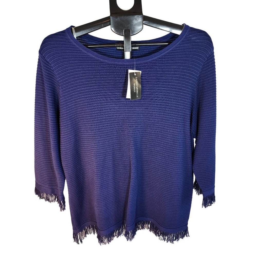 Lauren Michelle 1X Navy Blue Scoop Neck Top Fringe Accents‎ NWT